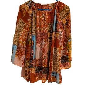 Sunny Leigh Patchwork Bohemian Blouse, Bright Colors 100%Crinkle Polyester,Small